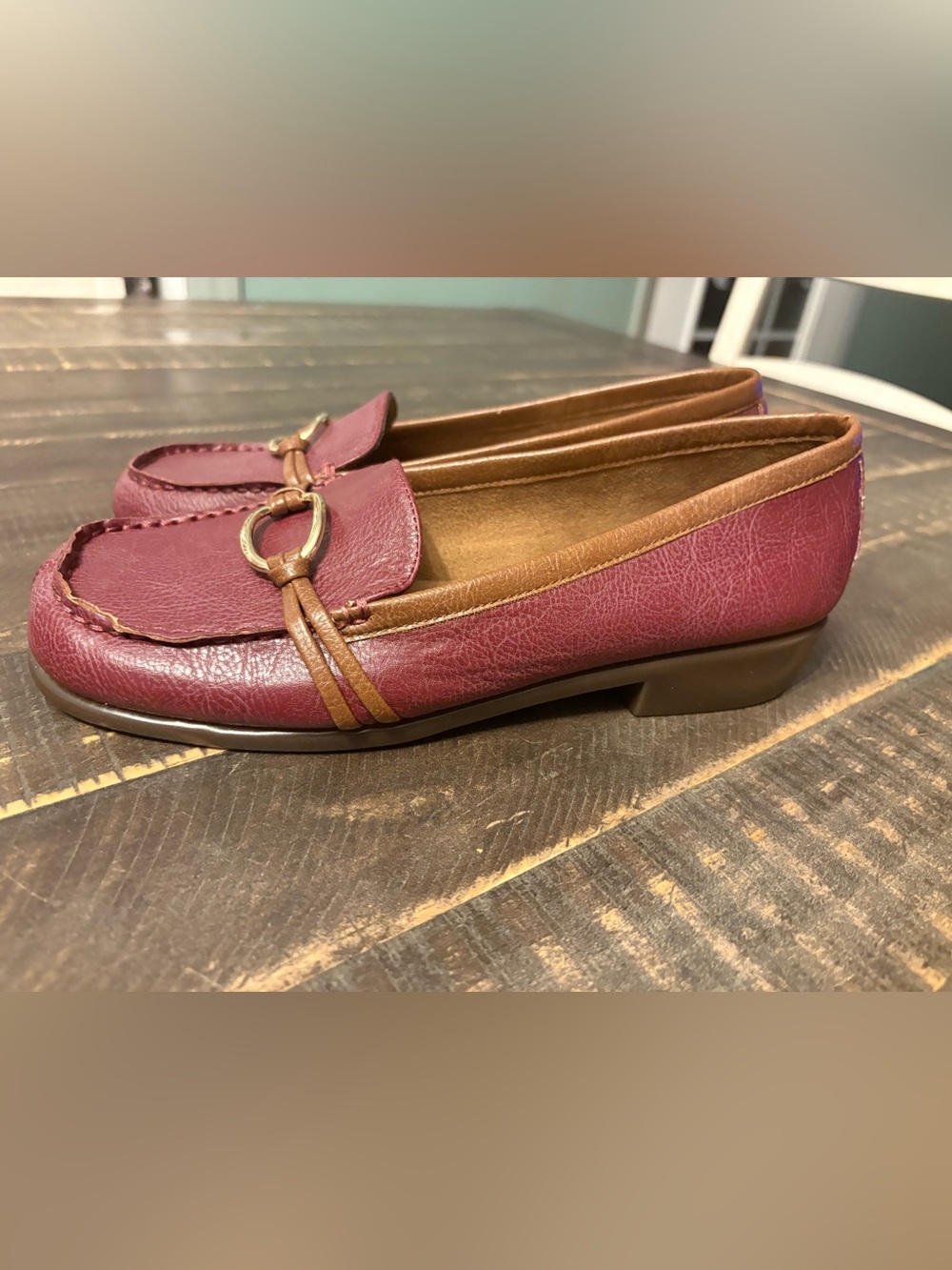 AEROSOLES Women’s Dubious Burgundy Flat Loafers Gold & Leather Accents